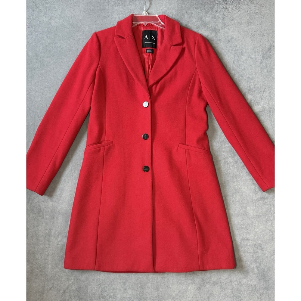 Armani Exchange Red Single Breasted Wool Pea Trench Coat Size Medium